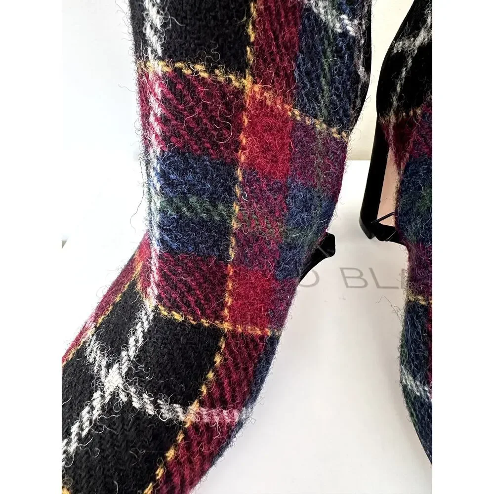 New Manolo Blahnik Boots Wool Plaid Multicolor Zipper Block Heel Size 37 Womens